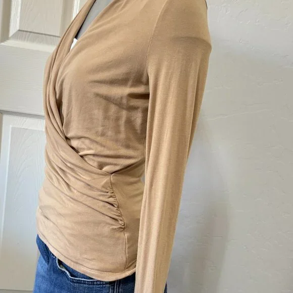 Light Tan Long Sleeve Faux Wrap Top - Picture 2 of 4